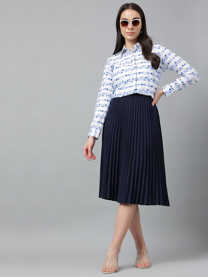 Women Blue &White Prints Pure Cotton Regular Fit Formal Shirt