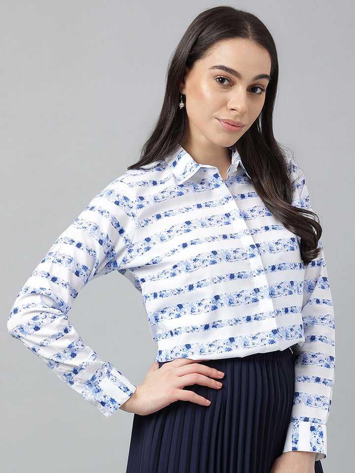 Women Blue &White Prints Pure Cotton Regular Fit Formal Shirt
