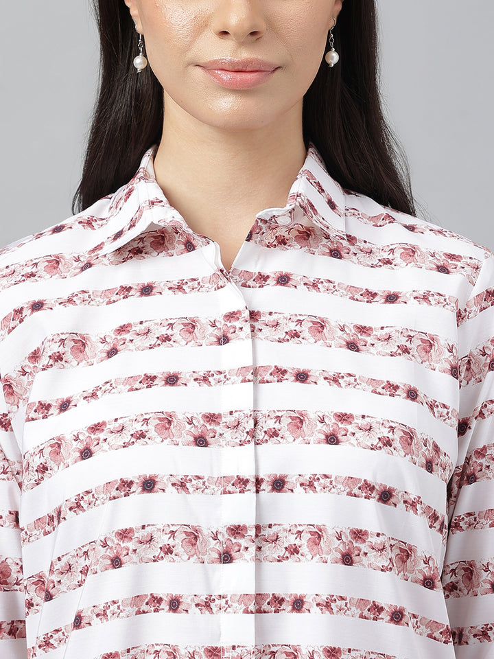 Women Coral & White Prints Pure Cotton Regular Fit Formal Shirt