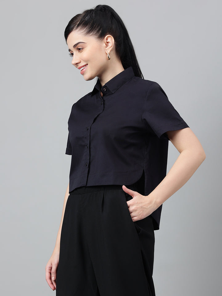 Women Black Solid Pure Cotton Regular Fit Formal Crop Shirt