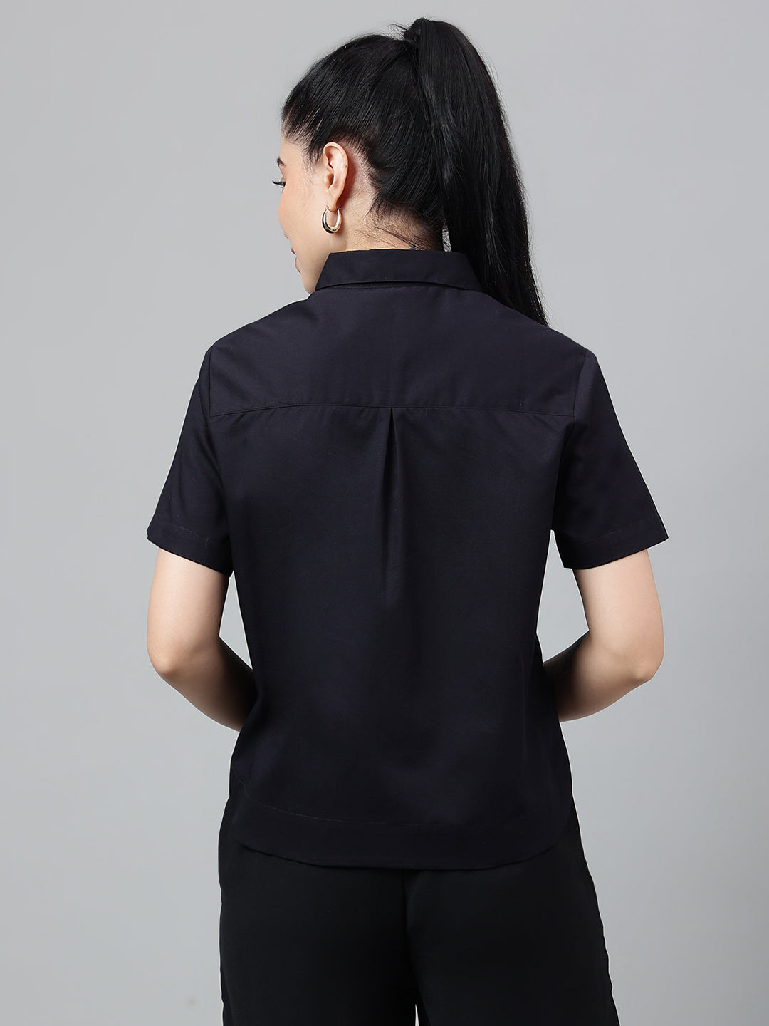 Women Black Solid Pure Cotton Regular Fit Formal Crop Shirt