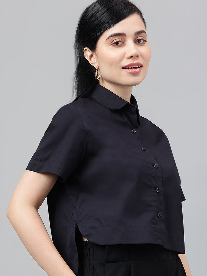 Women Black Solid Pure Cotton Regular Fit Formal Crop Shirt