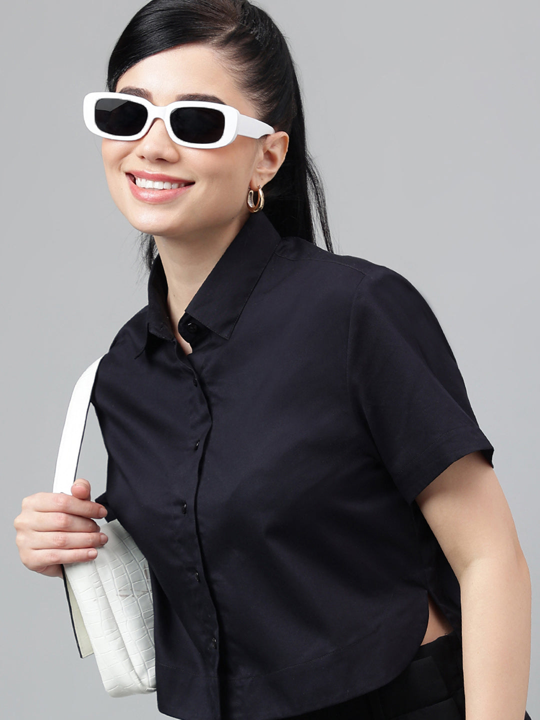 Women Black Solid Pure Cotton Regular Fit Formal Crop Shirt