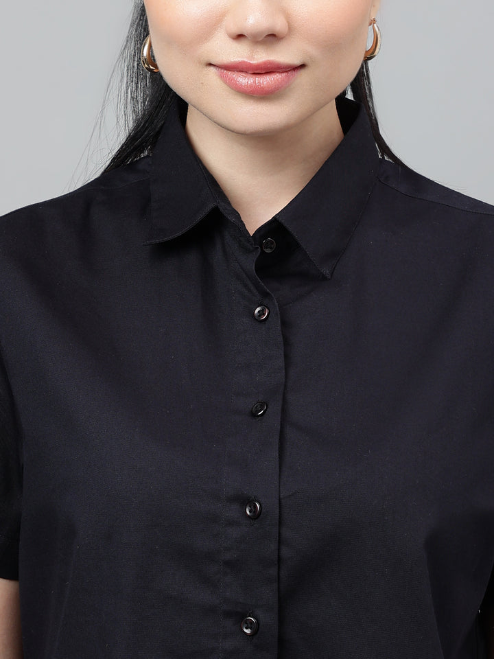 Women Black Solid Pure Cotton Regular Fit Formal Crop Shirt