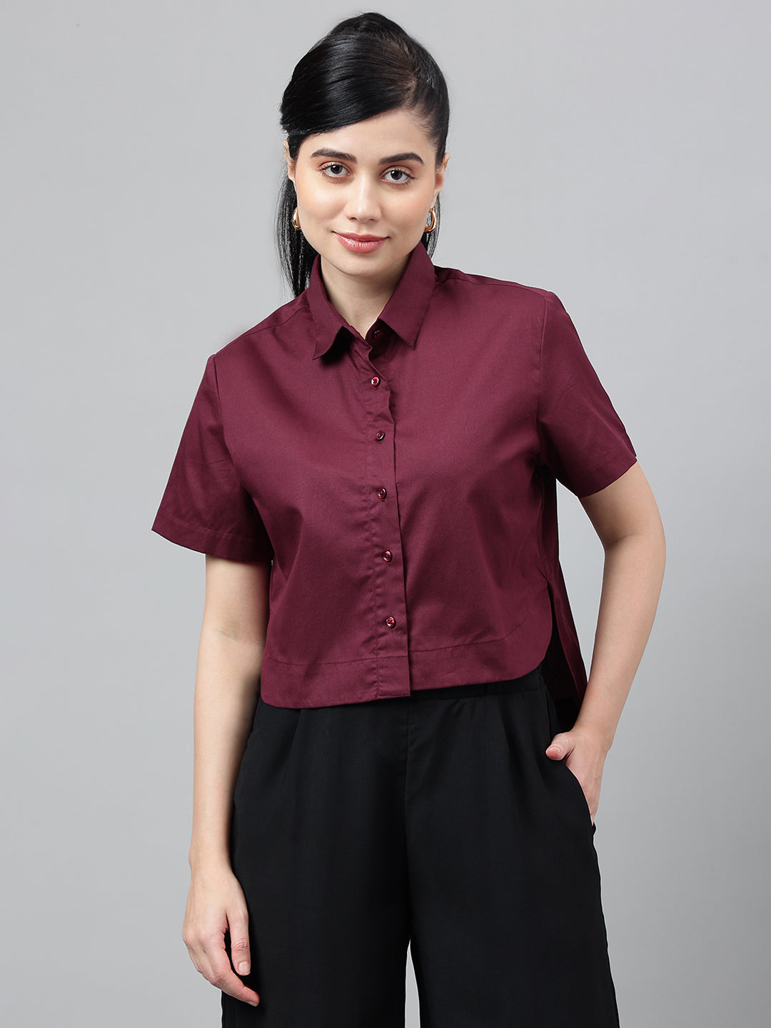 Women Burgundy Solid Pure Cotton Regular Fit Formal Crop Shirt