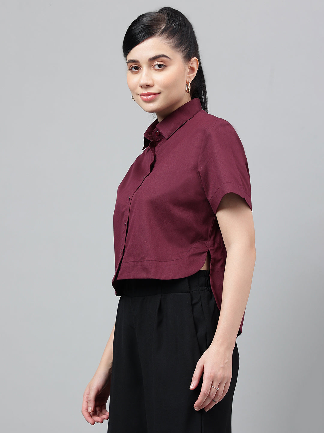 Women Burgundy Solid Pure Cotton Regular Fit Formal Crop Shirt