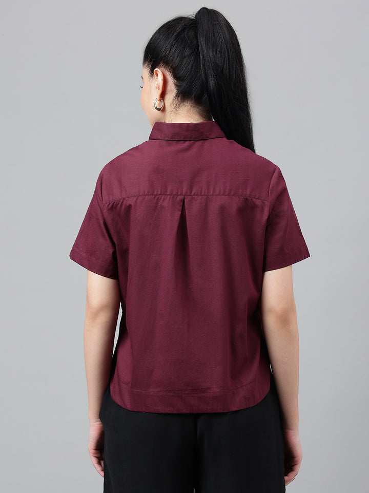 Women Burgundy Solid Pure Cotton Regular Fit Formal Crop Shirt