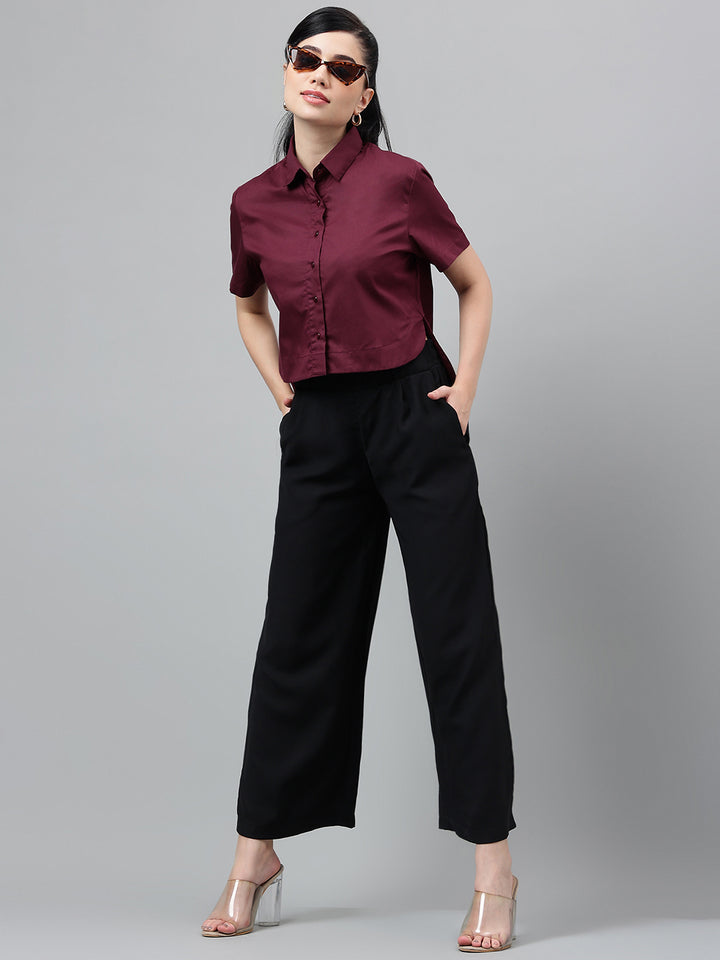 Women Burgundy Solid Pure Cotton Regular Fit Formal Crop Shirt