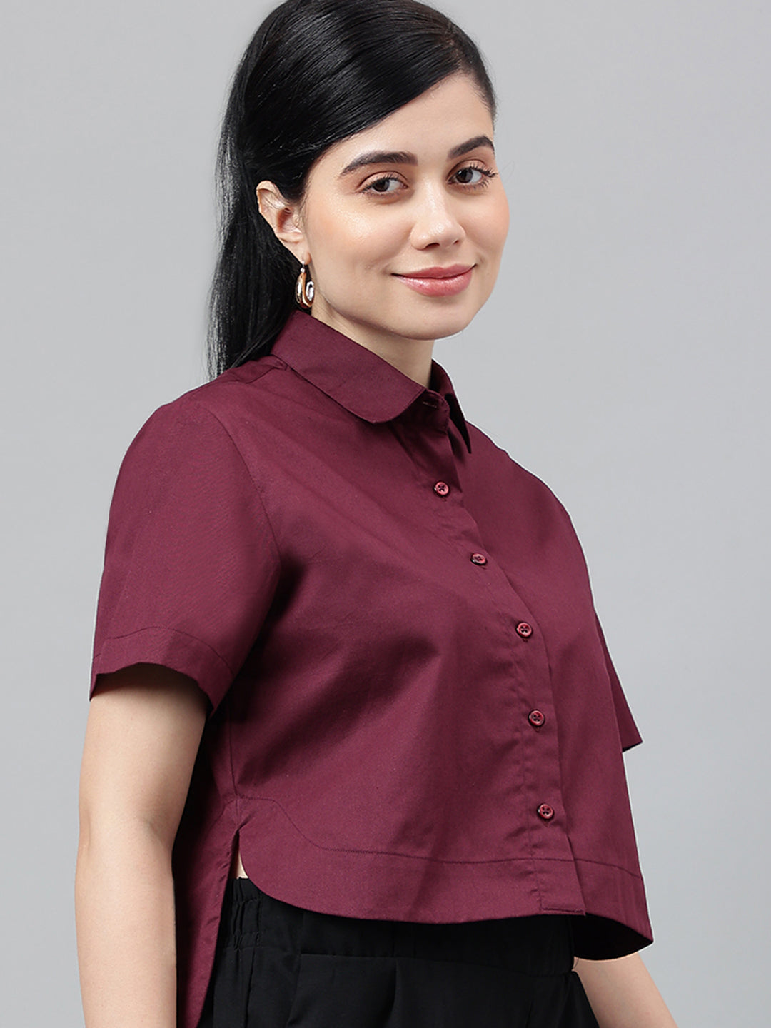 Women Burgundy Solid Pure Cotton Regular Fit Formal Crop Shirt