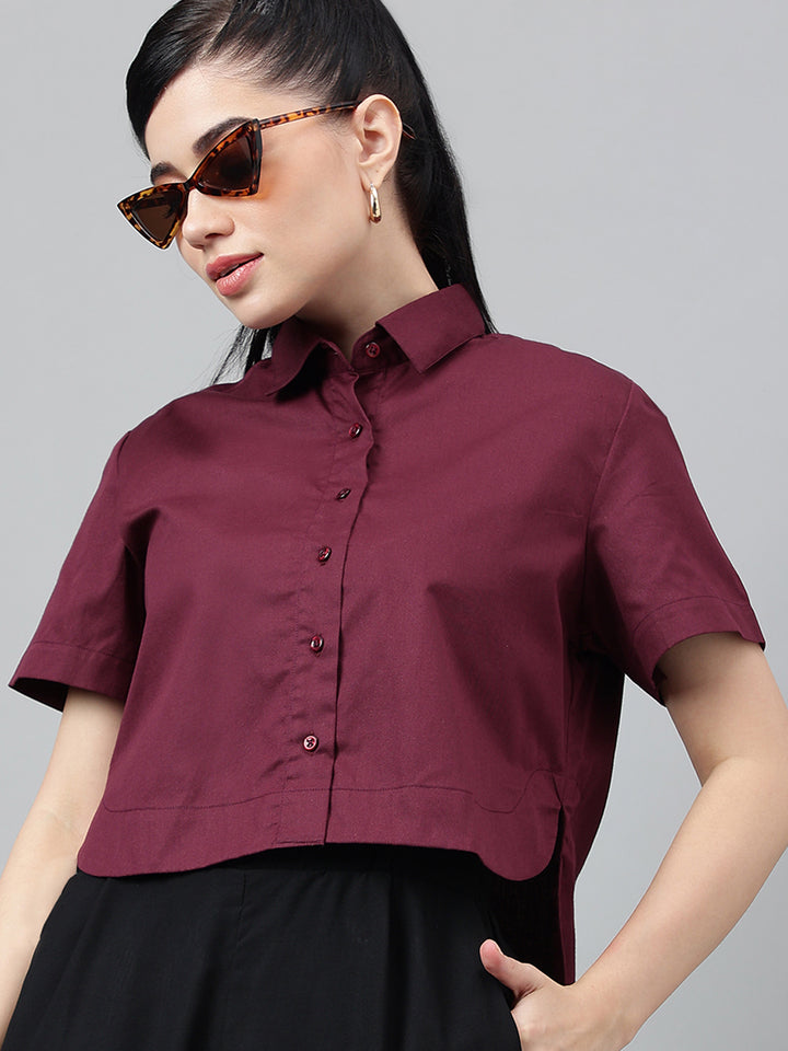 Women Burgundy Solid Pure Cotton Regular Fit Formal Crop Shirt