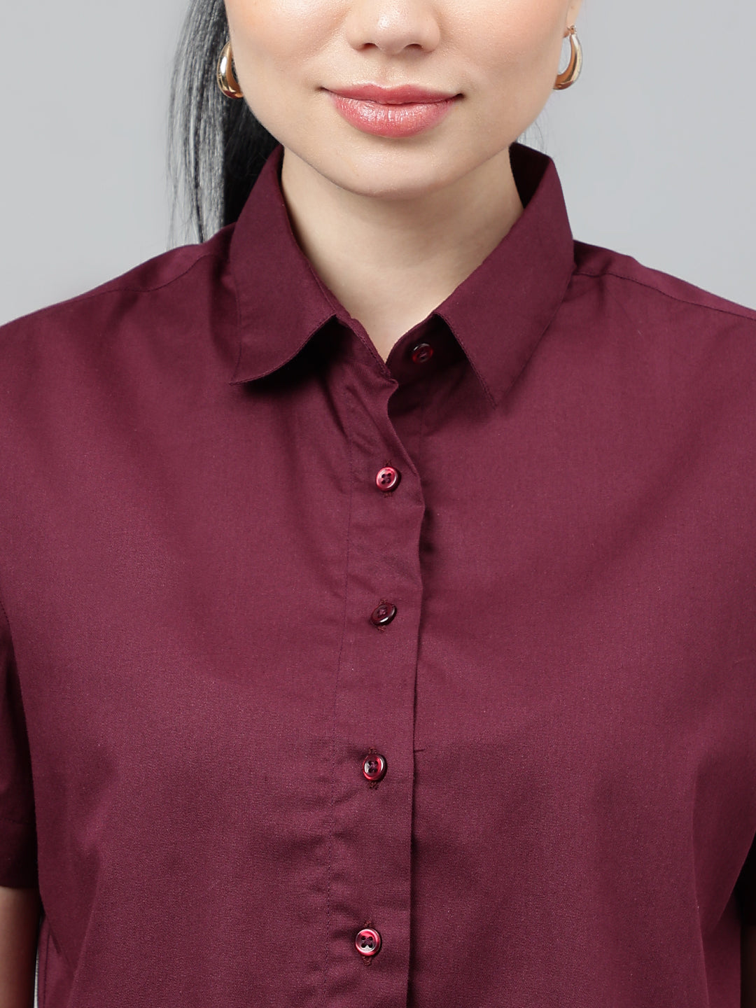 Women Burgundy Solid Pure Cotton Regular Fit Formal Crop Shirt