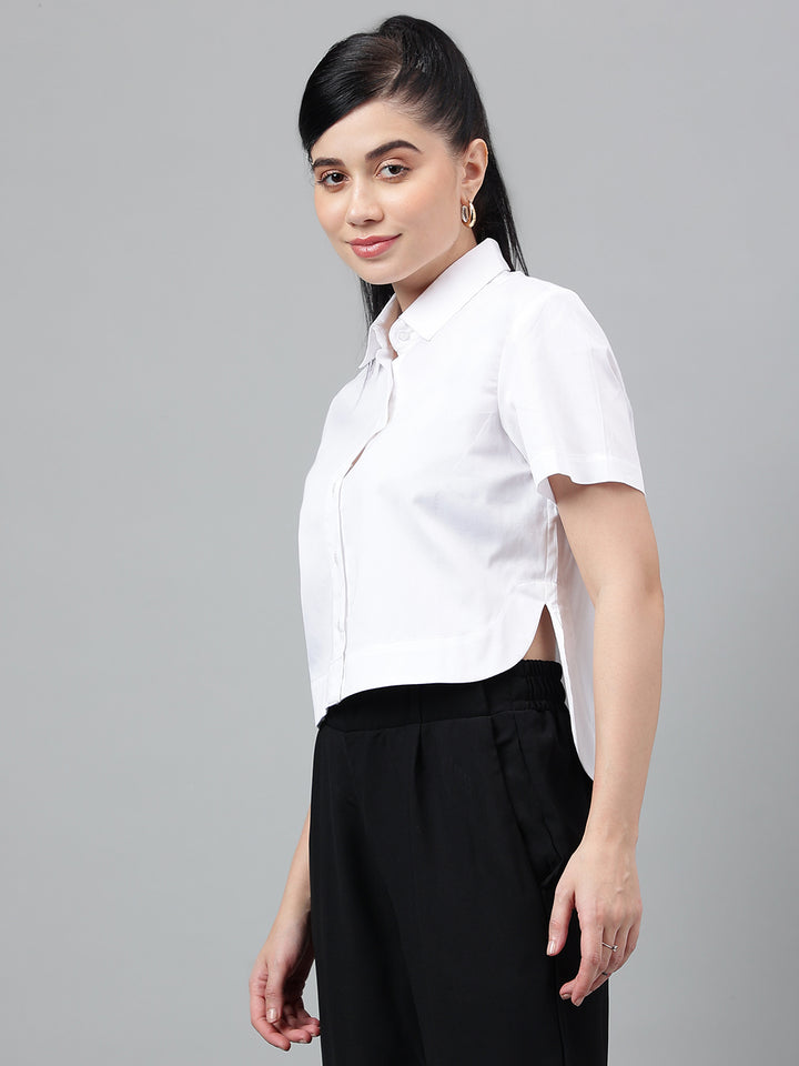 Women White Solid Pure Cotton Regular Fit Formal Crop Shirt