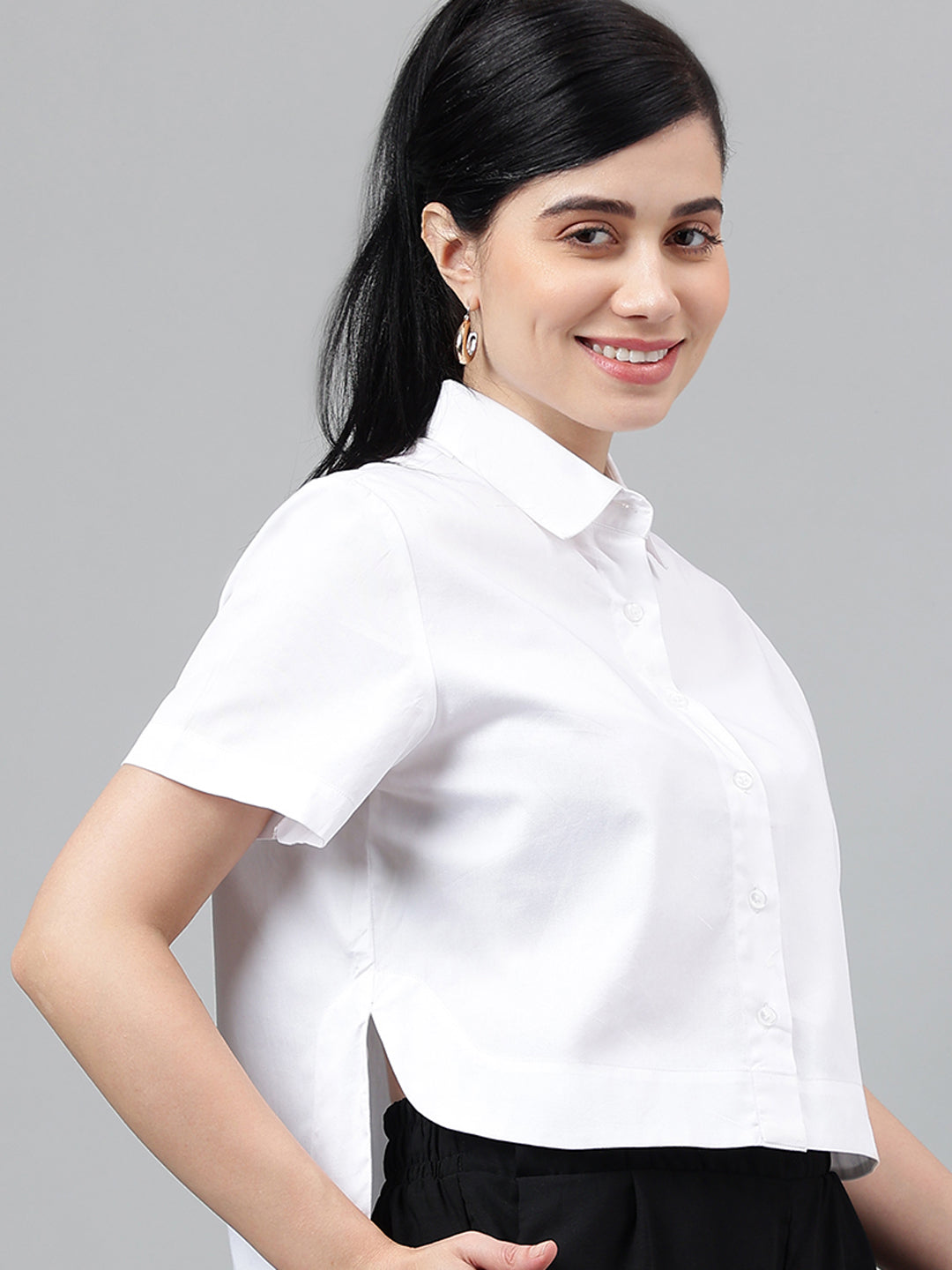 Women White Solid Pure Cotton Regular Fit Formal Crop Shirt