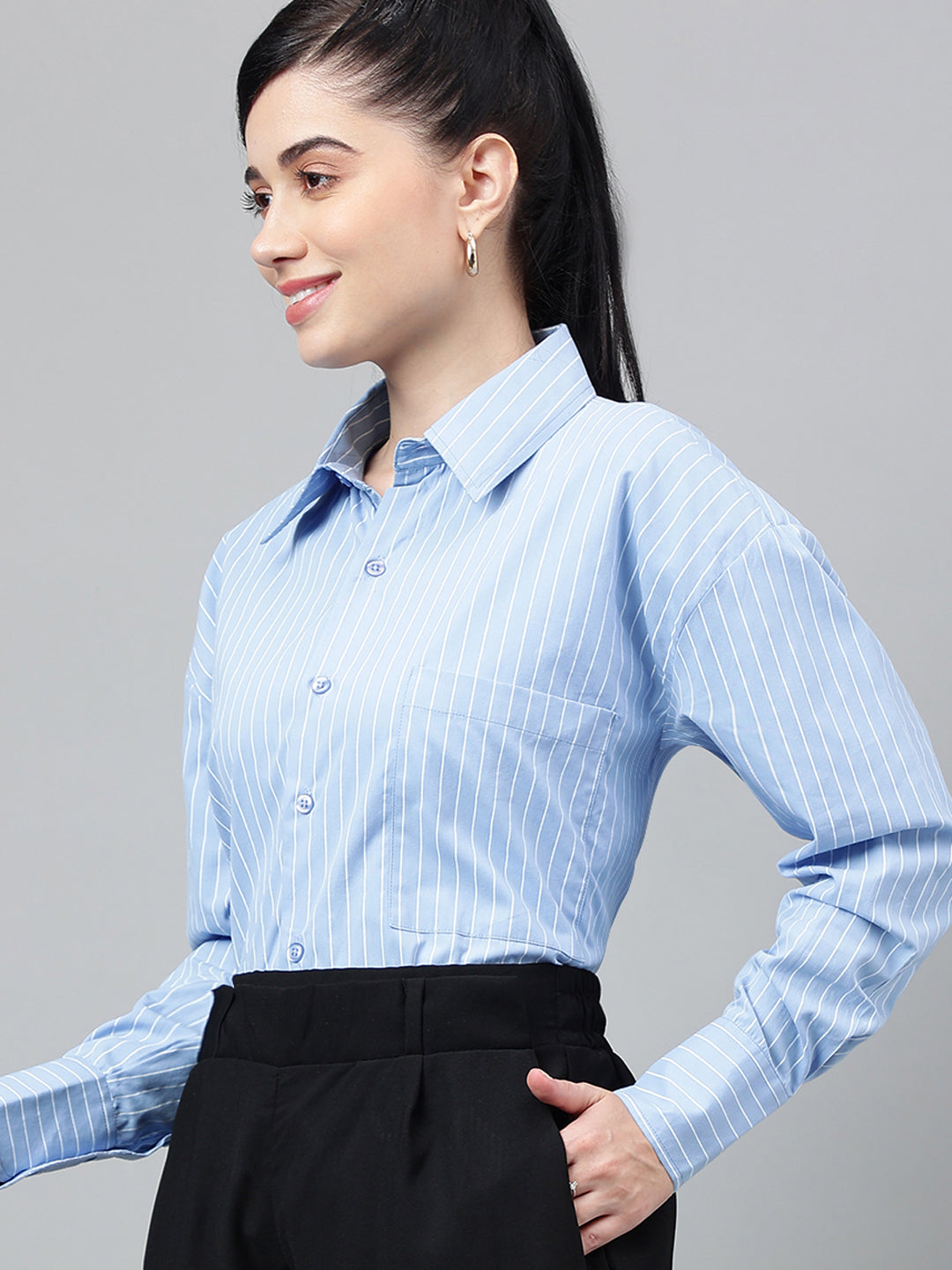 Women Blue & White Vertical Striped Pure Cotton Relaxed Fit Formal Over Size Shirt