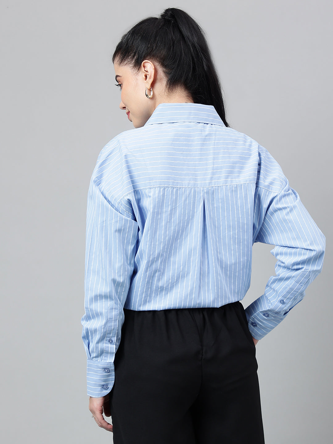 Women Blue & White Vertical Striped Pure Cotton Relaxed Fit Formal Over Size Shirt