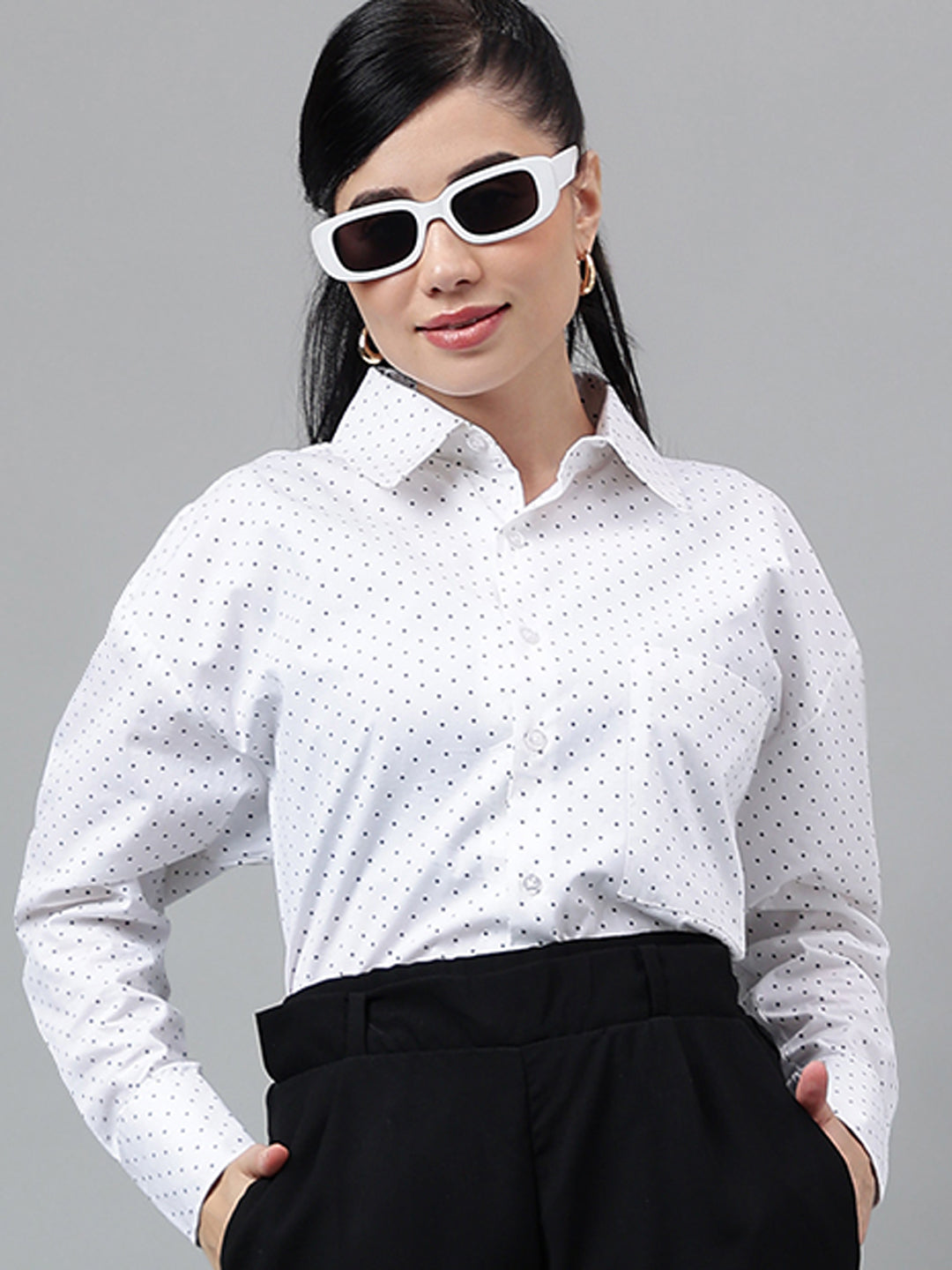 Women White & Black Polka Dot Printed Pure Cotton Relaxed Fit Formal Over Size Shirt