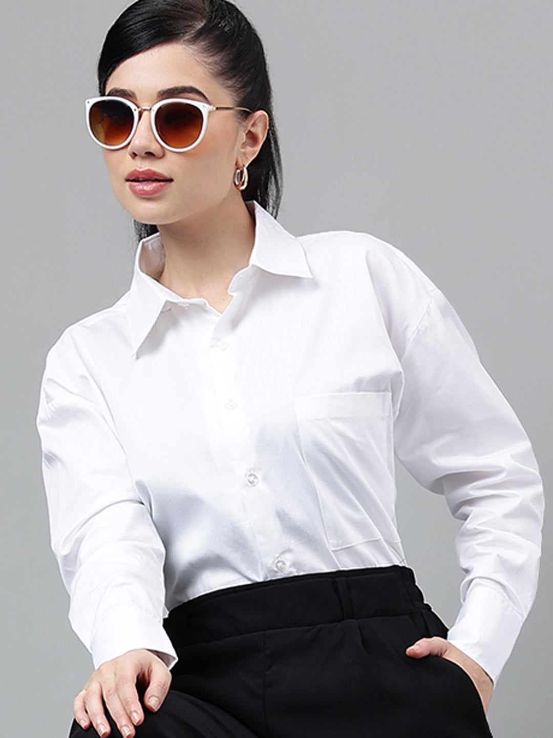 Women White Solid Pure Cotton Relaxed Fit Formal Over Size Shirt