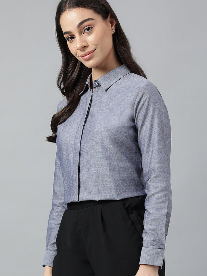 Women Blue & Grey Solid Pure Cotton Regular Fit Formal Shirt