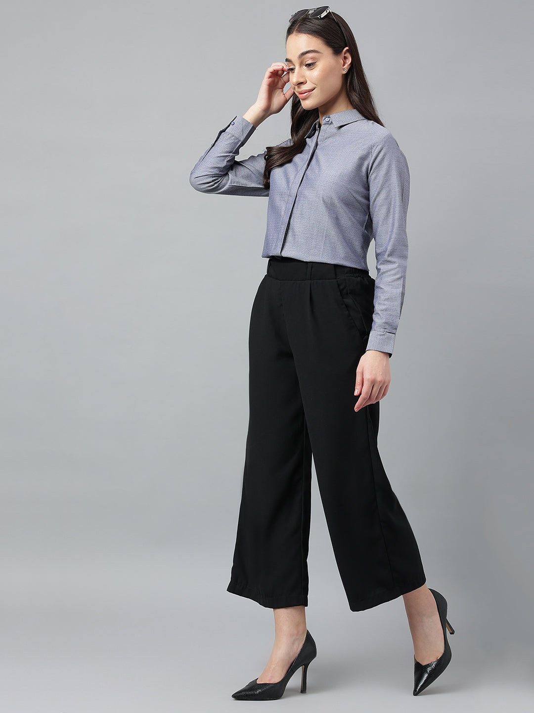 Women Blue & Grey Solid Pure Cotton Regular Fit Formal Shirt