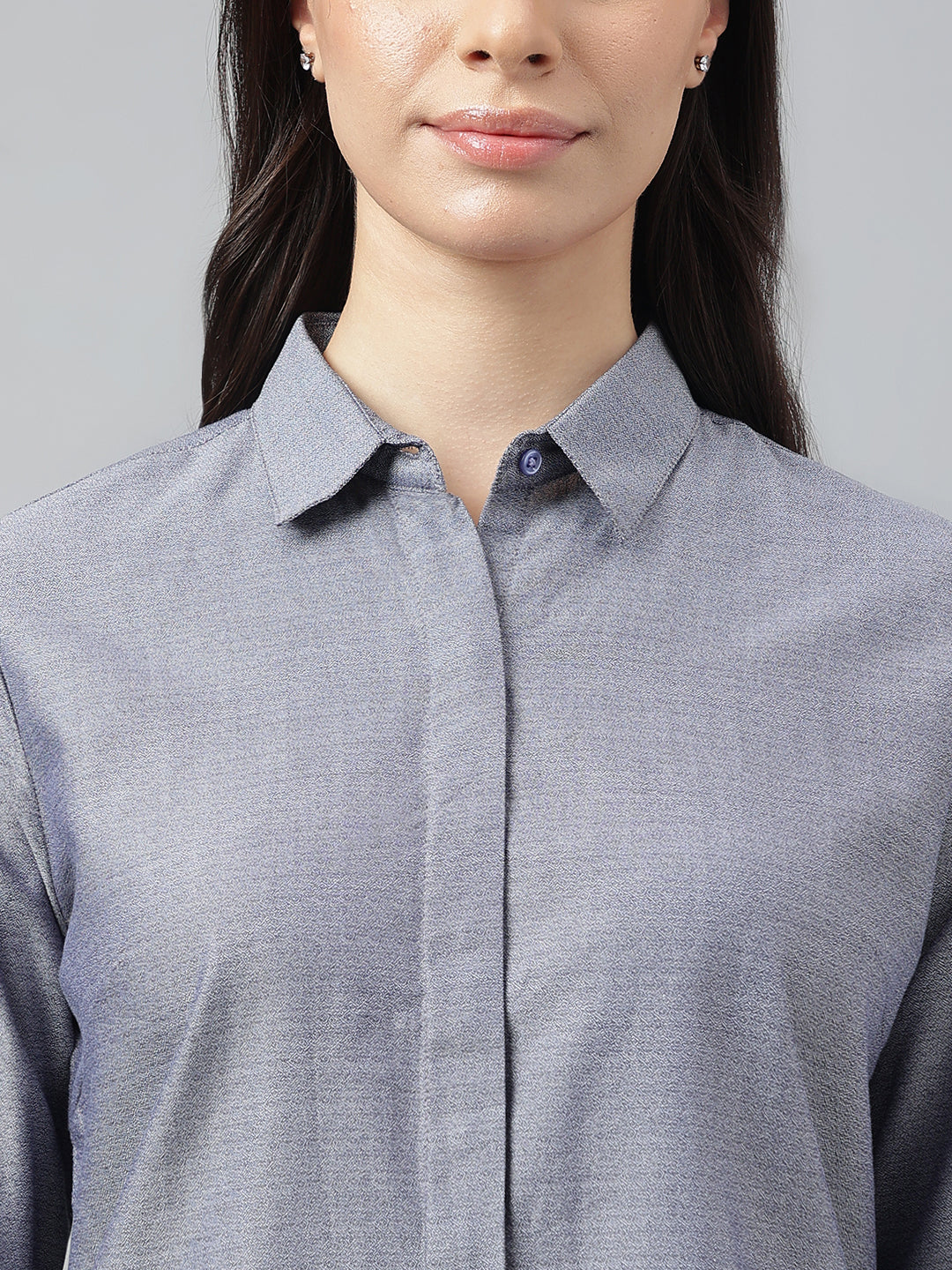 Women Blue & Grey Solid Pure Cotton Regular Fit Formal Shirt