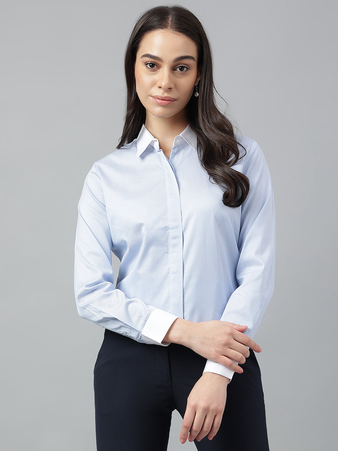 Women Blue &White Stripes Pure Cotton Regular Fit Formal Shirt