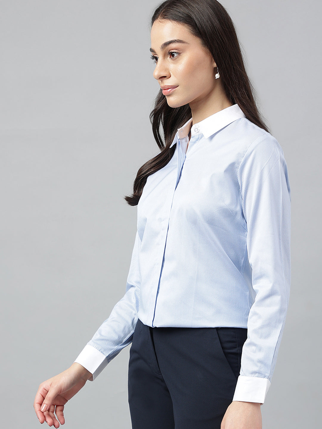 Women Blue &White Stripes Pure Cotton Regular Fit Formal Shirt