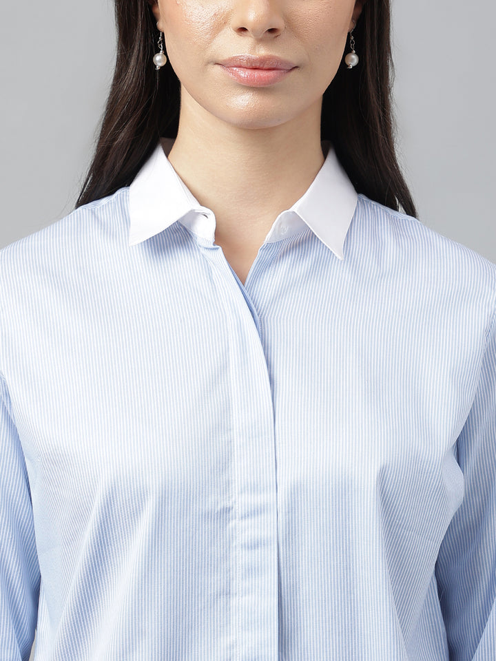 Women Blue &White Stripes Pure Cotton Regular Fit Formal Shirt