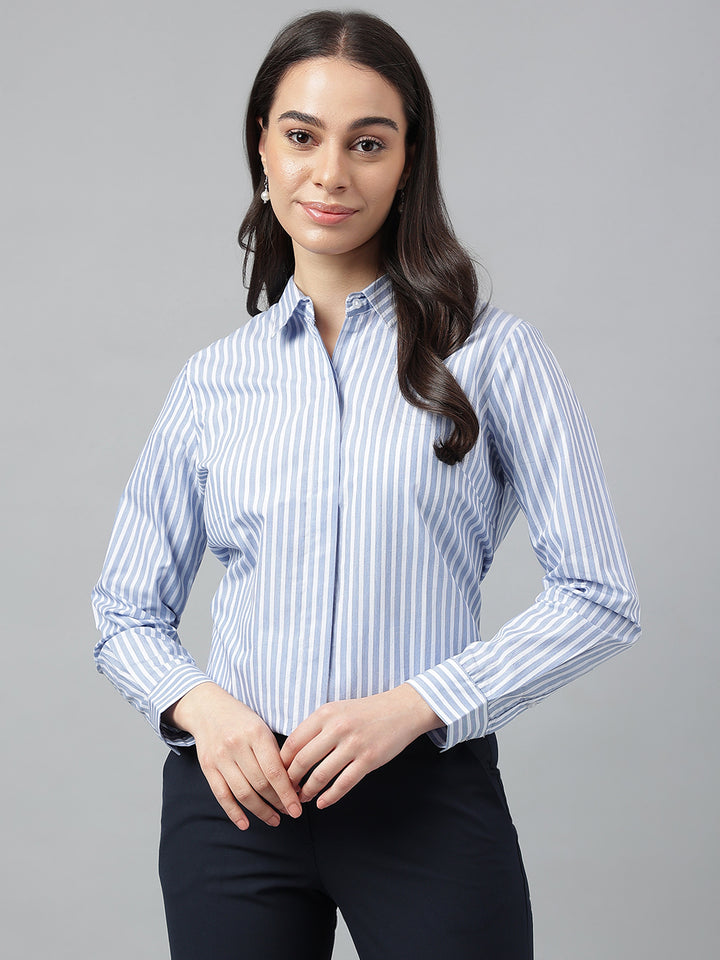 Women Blue &White Stripes Pure Cotton Regular Fit Formal Shirt