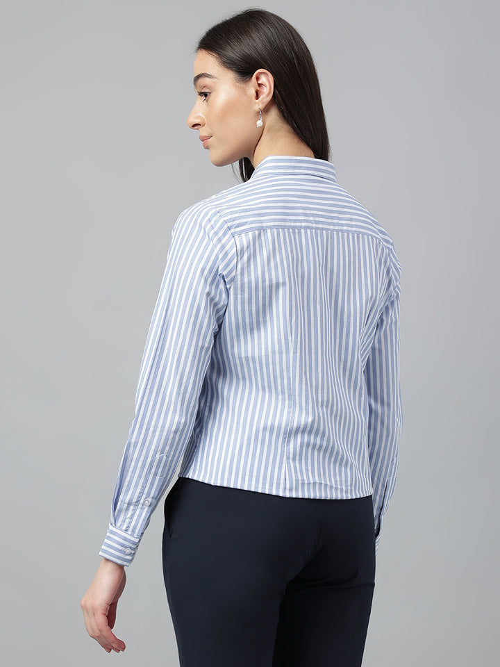 Women Blue &White Stripes Pure Cotton Regular Fit Formal Shirt