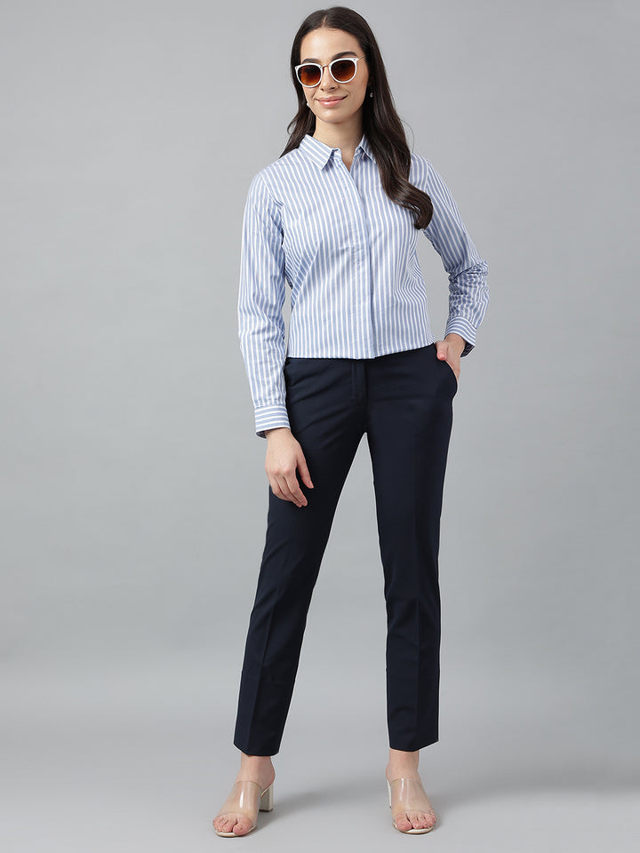 Women Blue &White Stripes Pure Cotton Regular Fit Formal Shirt