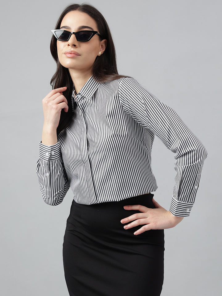 Women White & Black Stripes Pure Cotton Regular Fit Formal Shirt