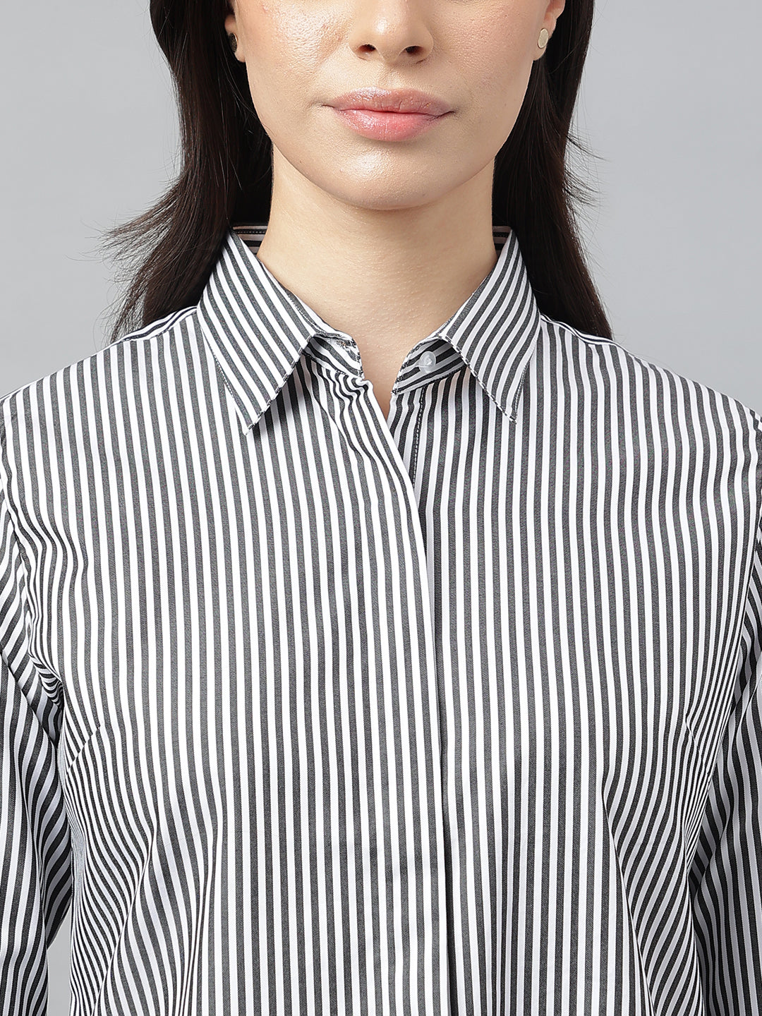 Women White & Black Stripes Pure Cotton Regular Fit Formal Shirt