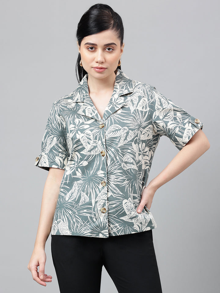 Women Dark Grey & Beige Floral Printed Pure Cotton Regular Fit Formal Shirt