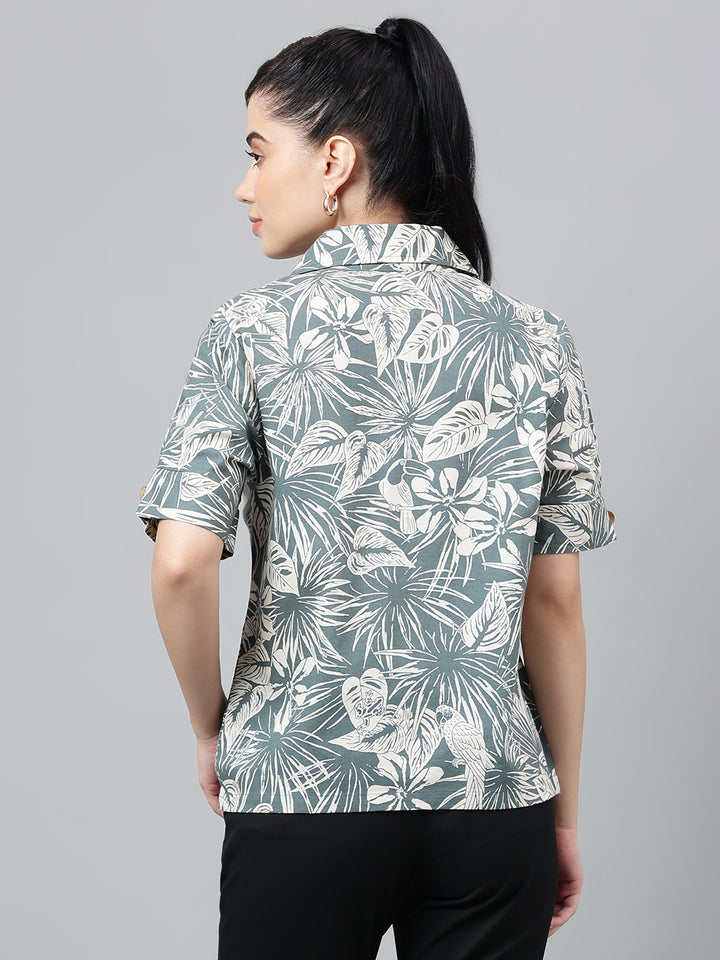 Women Dark Grey & Beige Floral Printed Pure Cotton Regular Fit Formal Shirt