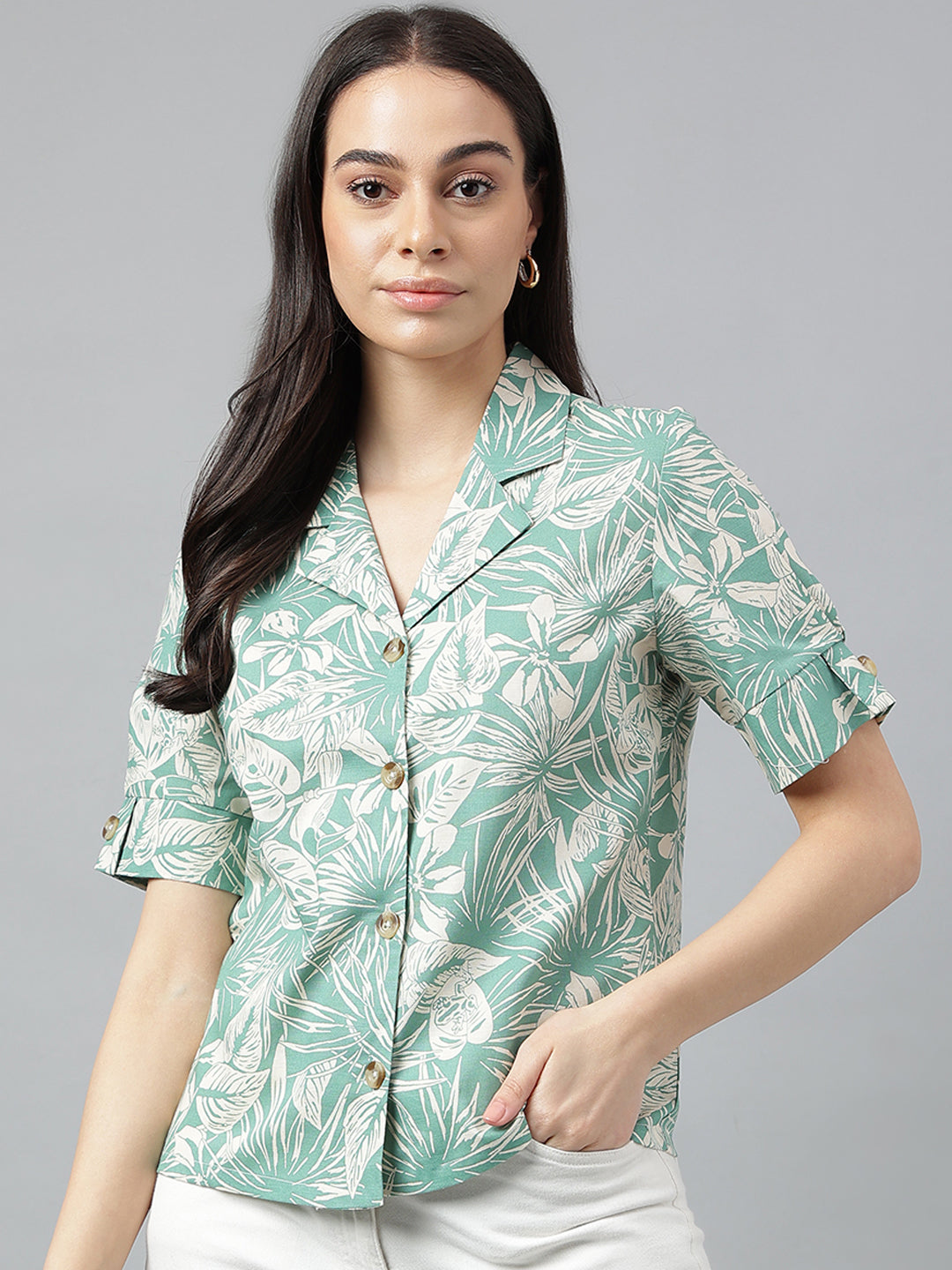 Women Green & Beige Prints Pure Cotton Regular Fit Casual Shirt