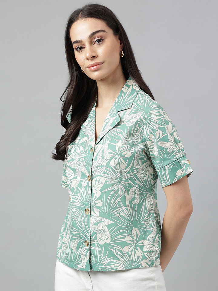 Women Green & Beige Prints Pure Cotton Regular Fit Casual Shirt