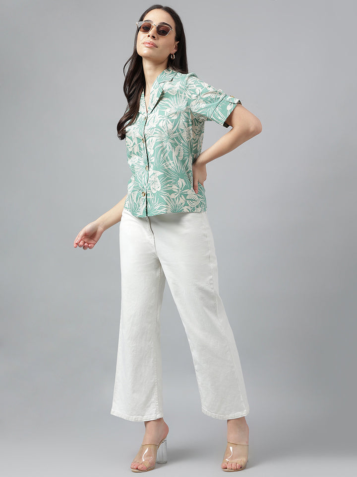 Women Green & Beige Prints Pure Cotton Regular Fit Casual Shirt