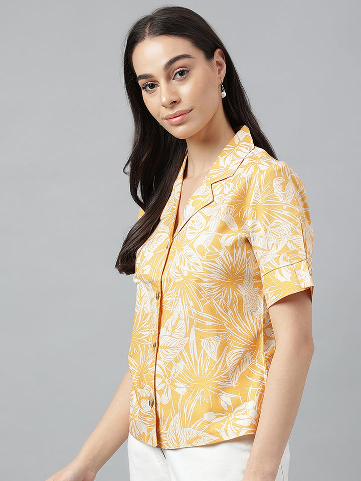 Women Yellow &Beige Prints Pure Cotton Regular Fit Casual Shirt