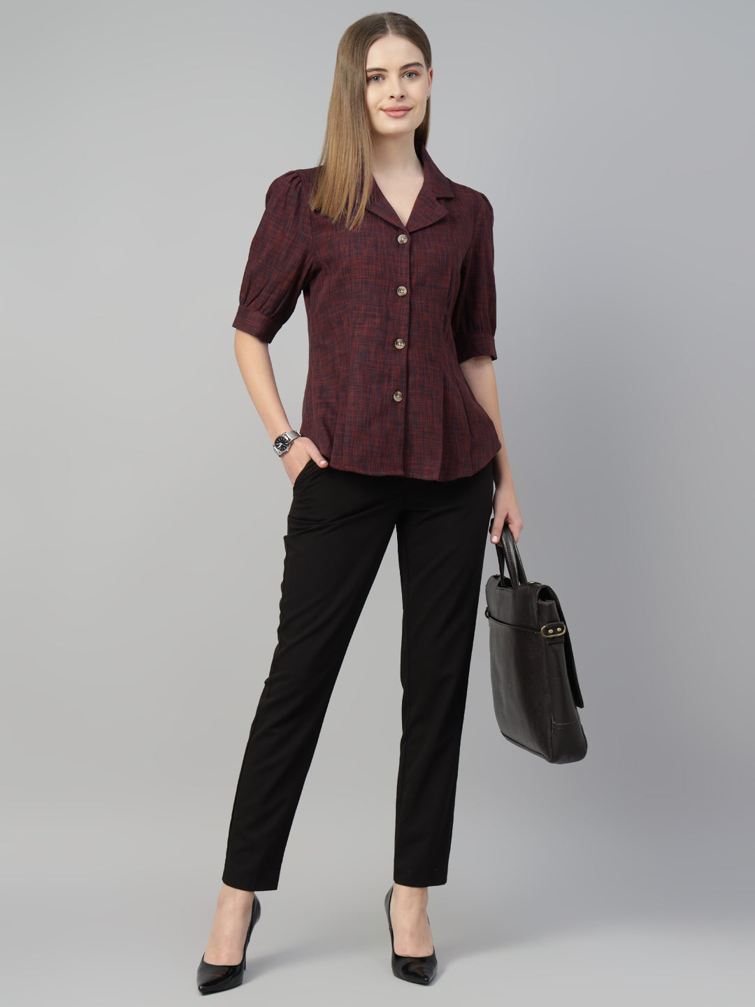 Women Maroon Solid Pure Cotton Regular Fit Formal Shirt