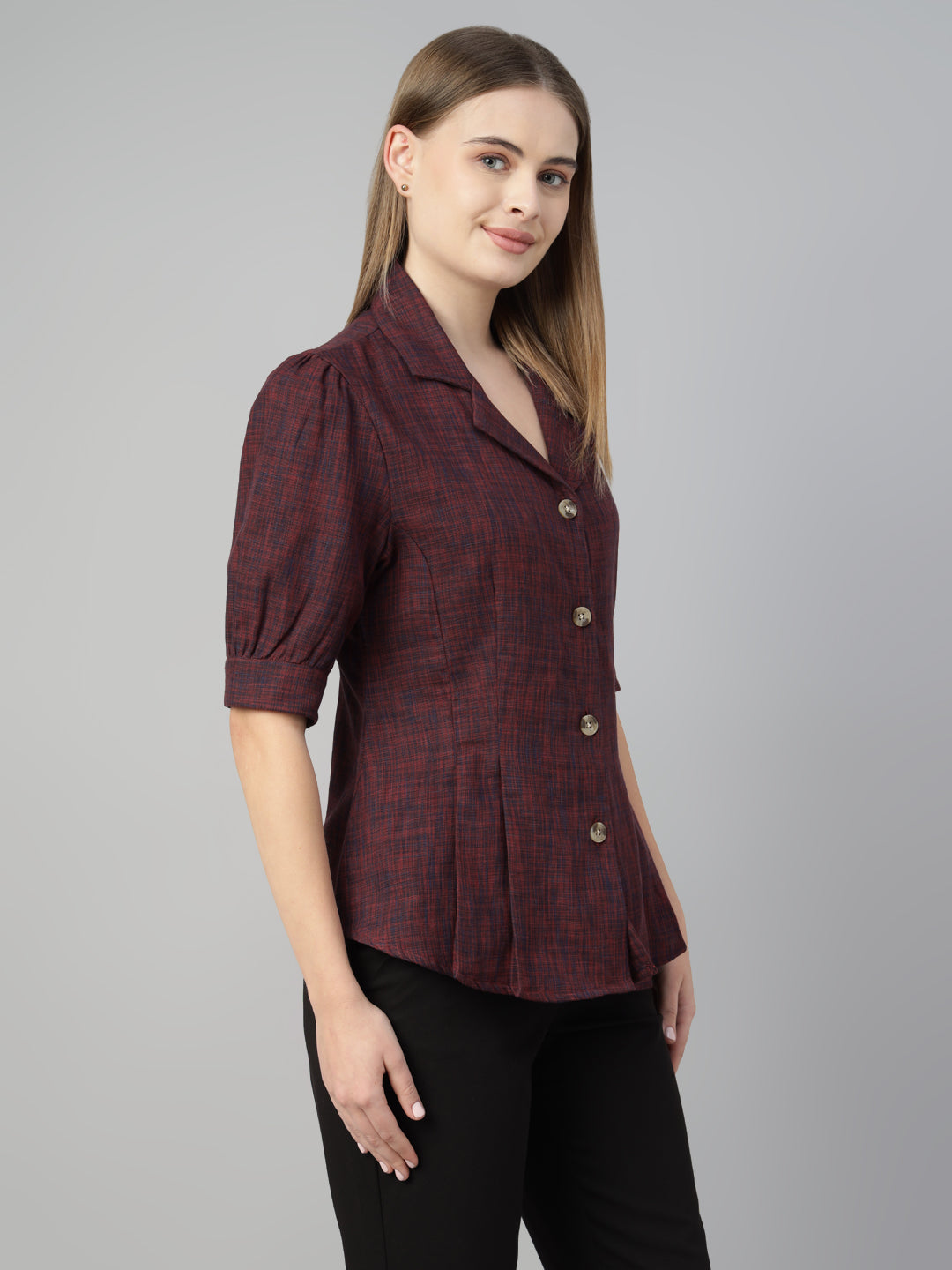 Women Maroon Solid Pure Cotton Regular Fit Formal Shirt