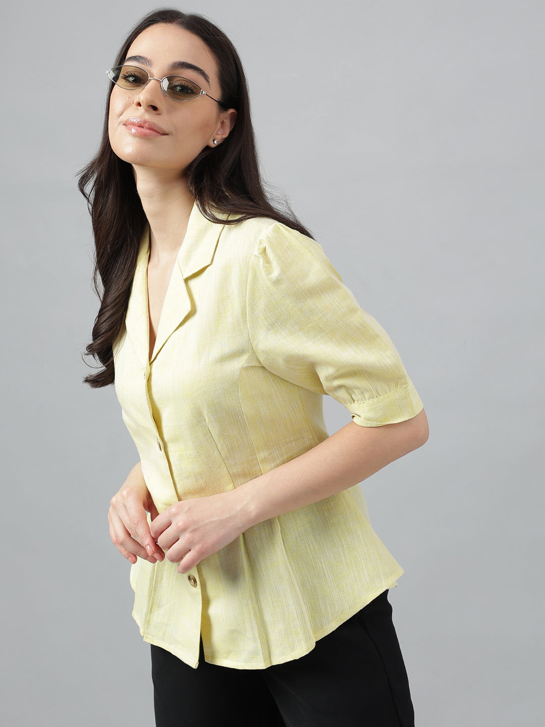 Women Yellow Solid Pure Cotton Regular Fit Formal Shirt