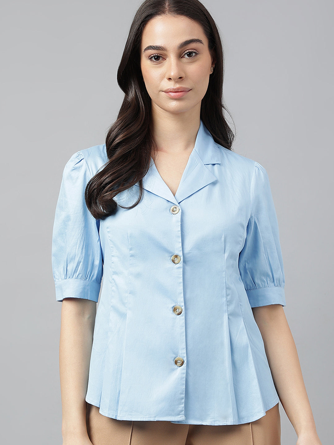 Women Sky Blue Solid Pure Cotton Regular Fit Formal Shirt