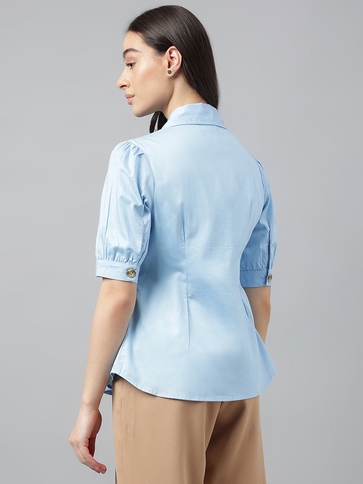 Women Sky Blue Solid Pure Cotton Regular Fit Formal Shirt