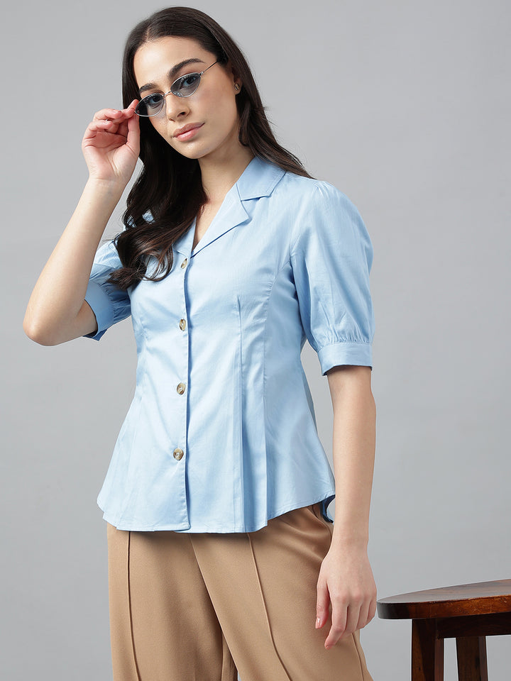 Women Sky Blue Solid Pure Cotton Regular Fit Formal Shirt