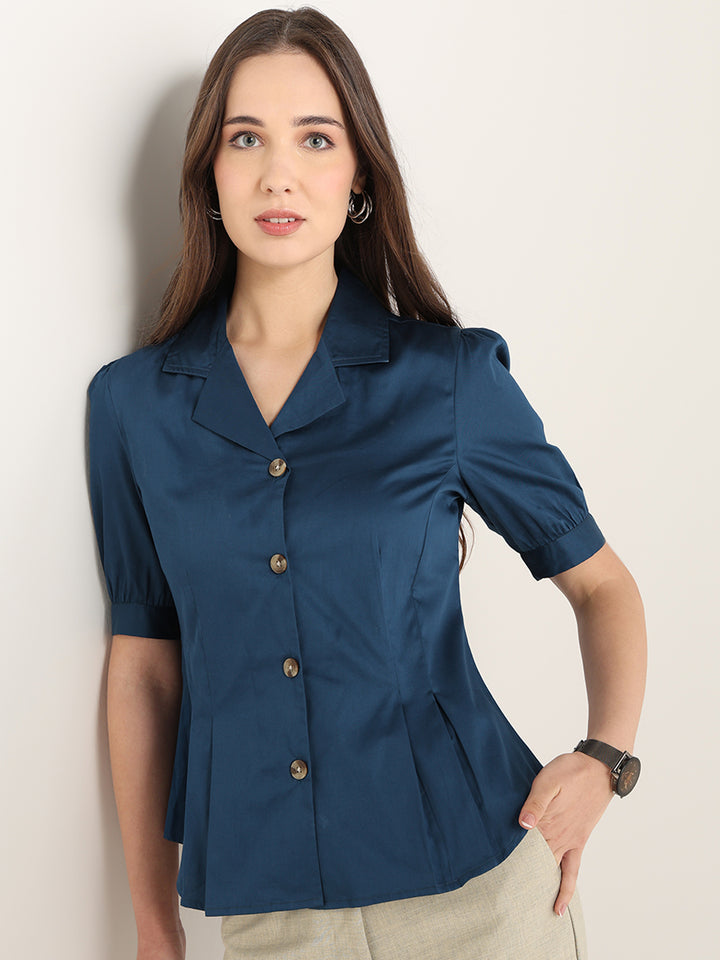 Hancock Women Turquoise Blue Solid Pure Cotton Regular Fit Formal Shirt