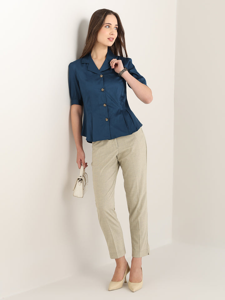 Hancock Women Turquoise Blue Solid Pure Cotton Regular Fit Formal Shirt