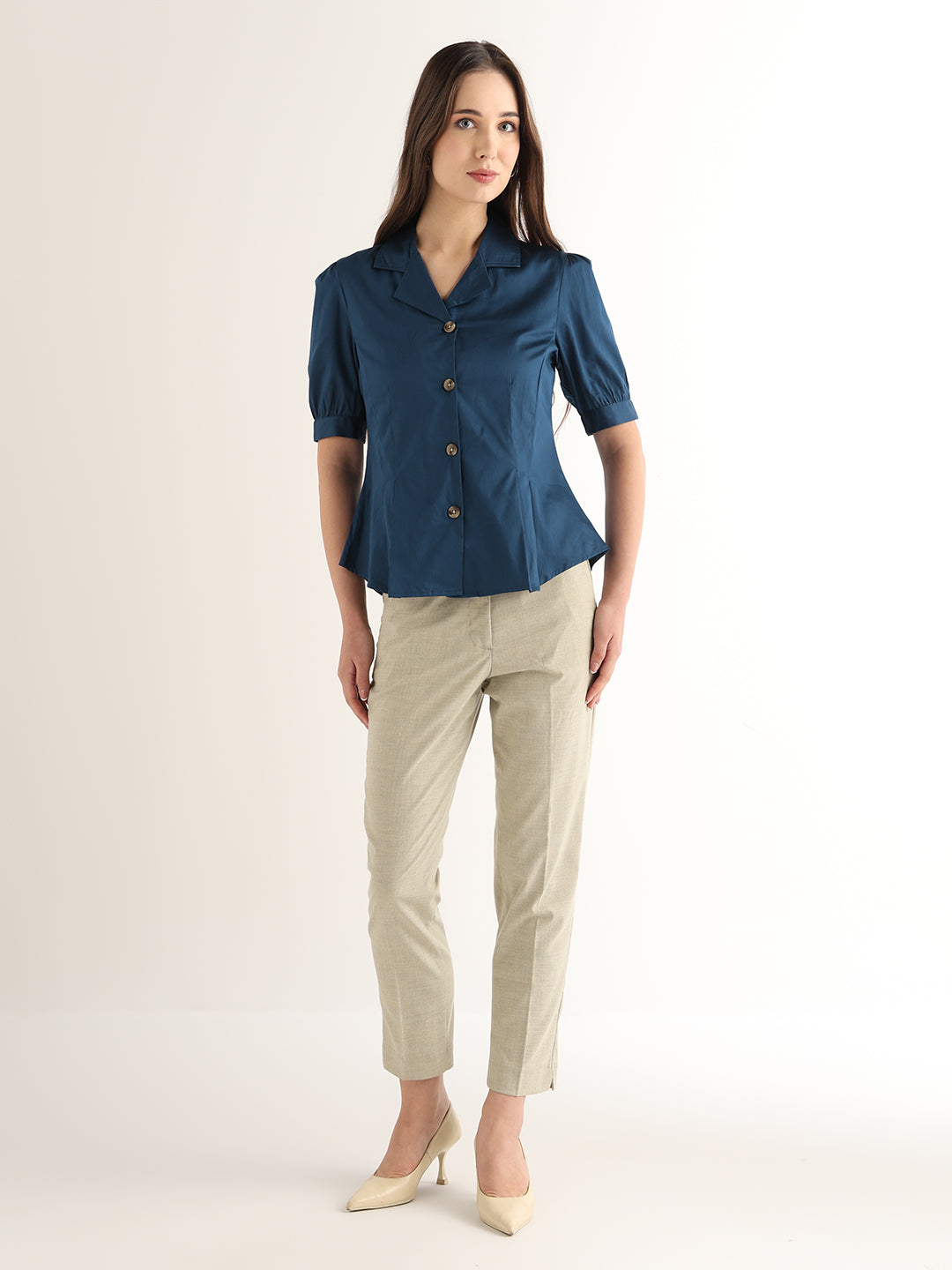 Hancock Women Turquoise Blue Solid Pure Cotton Regular Fit Formal Shirt