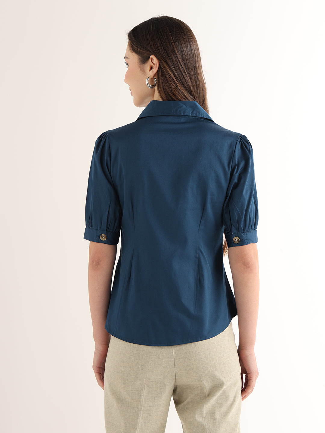 Hancock Women Turquoise Blue Solid Pure Cotton Regular Fit Formal Shirt