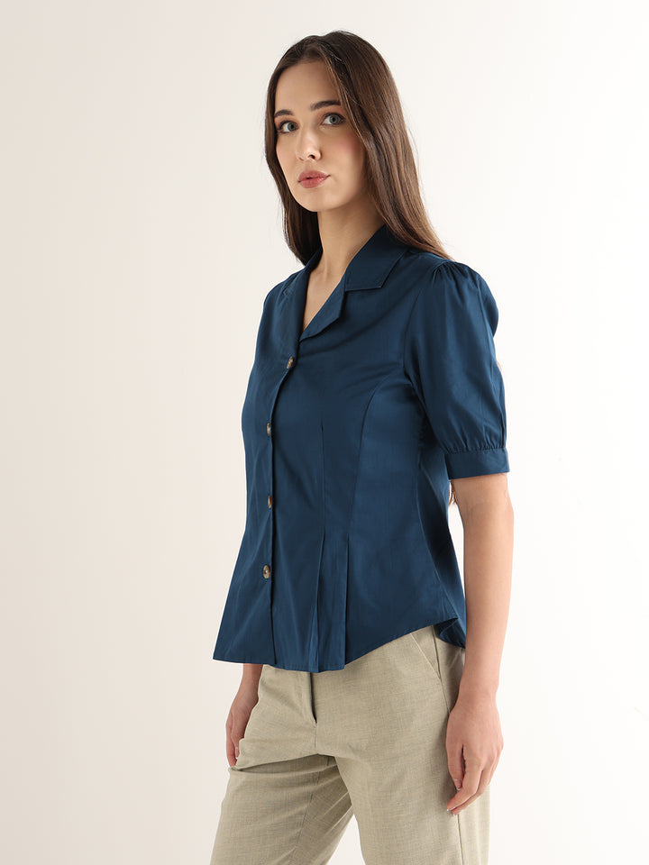 Hancock Women Turquoise Blue Solid Pure Cotton Regular Fit Formal Shirt
