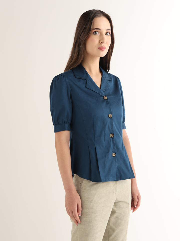 Hancock Women Turquoise Blue Solid Pure Cotton Regular Fit Formal Shirt